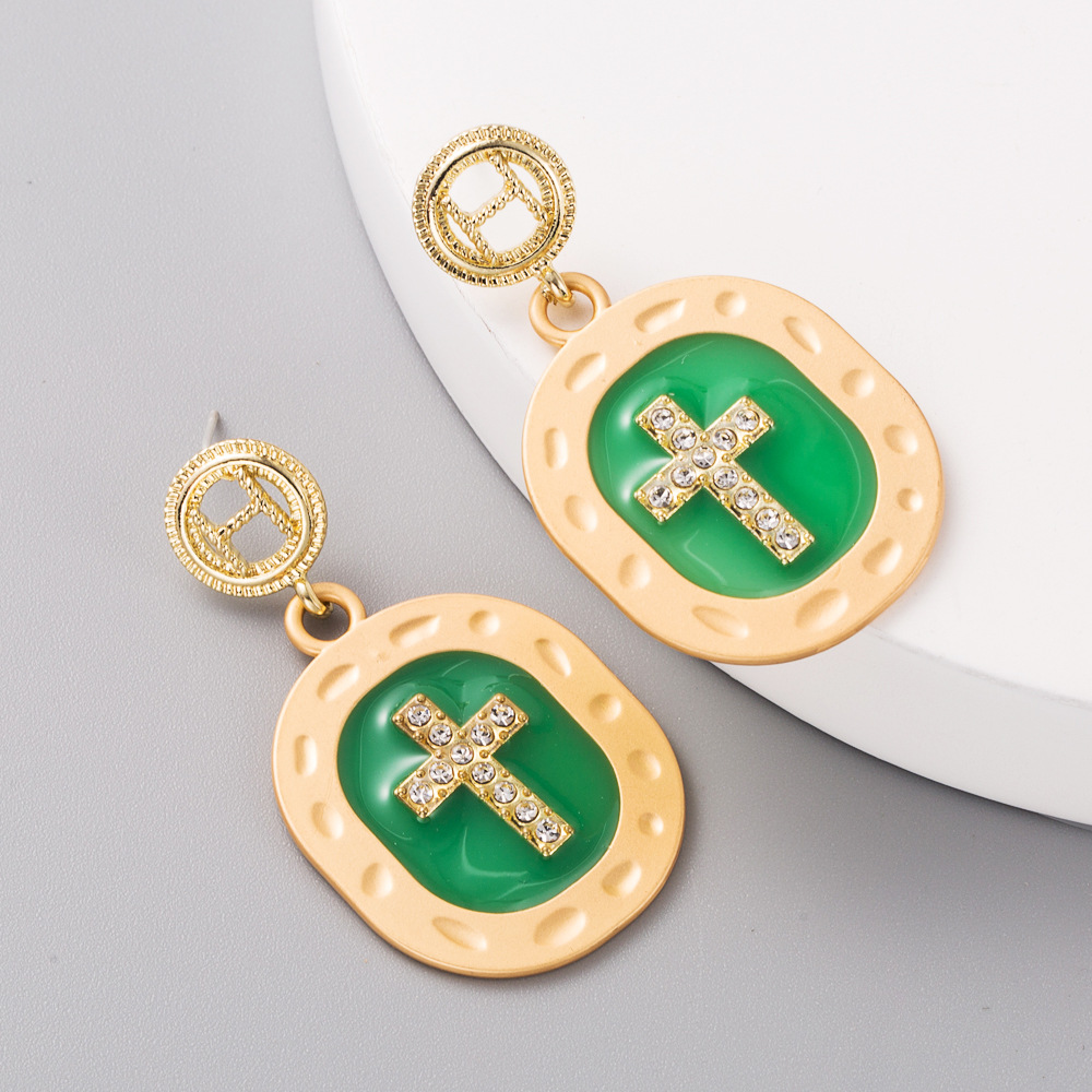 New Fashion Color Transparent Oil Drop Alloy Exaggerated Cross Diamond Long Earrings Yiwu Nihaojewelry Wholesale display picture 3