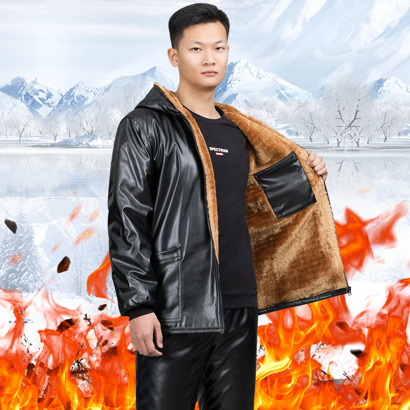 Plush thickening gold leather clothing Leather pants suit Take-out food locomotive Windbreak waterproof Manufactor customized One piece On behalf of