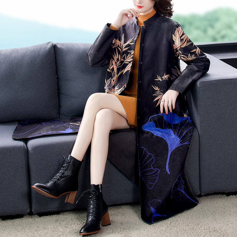 20秋季新款女装复古大码印花长款开衫外套宽松民族风过膝风衣外搭|ru