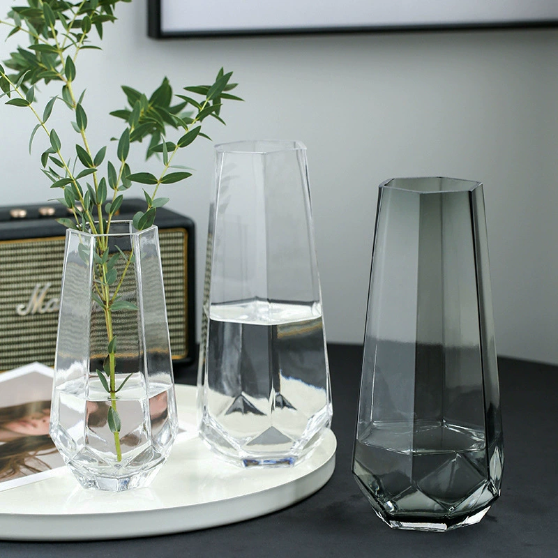 Простая креативная Геометрическая дымчато-серая Шестигранная стеклянная коническая ваза, обеденный стол, мебель для дома, мягкое украшение, алмазная ваза