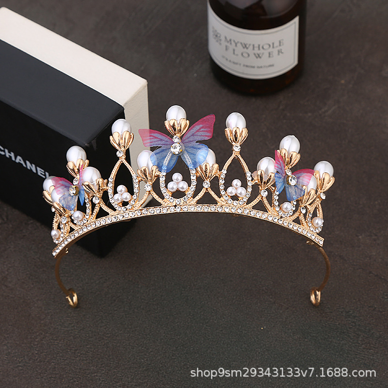 Children's Alloy Crown Butterfly Princess Performance and Show Updo Hair Accessories Model Catwalk Crystal Headband Bridal Headdress