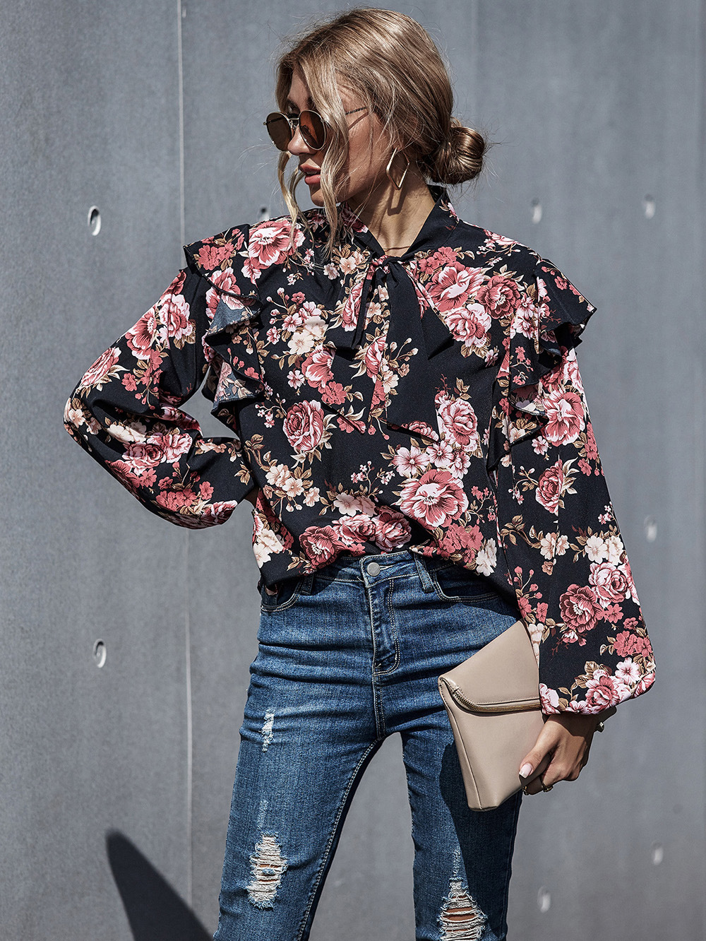 autumn and winter new fashion printed bubble sleeve long sleeve collar tie bow shirt NSDF353