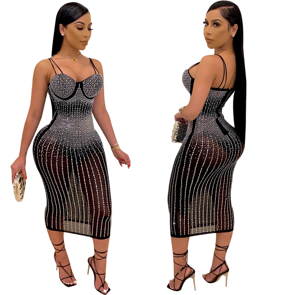 sling drilling see-through slim dress  NSWNY58544