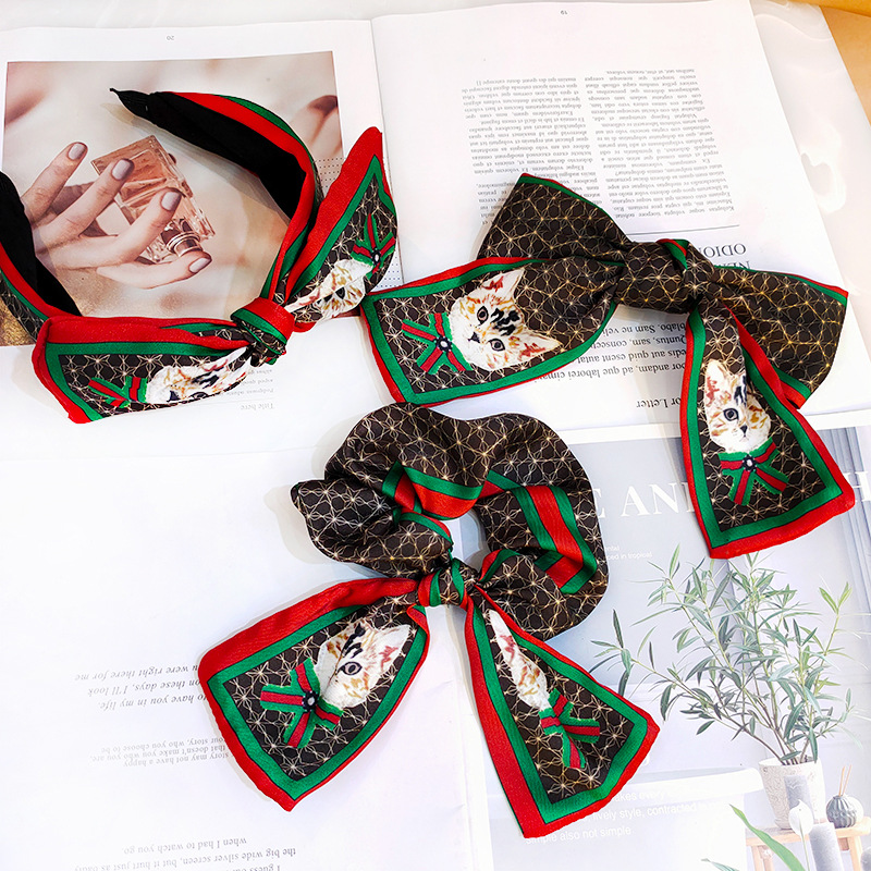 Korean Kitty Big Bow Hair Band Retro Silk Hairpin Stripe Printing Headband Wholesale Nihaojewelry display picture 16