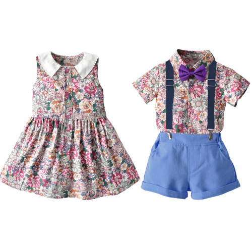 Cross-border summer new style printed shirt and suspender pants set for boys and girls, fashionable sibling outfits, wholesale from foreign trade