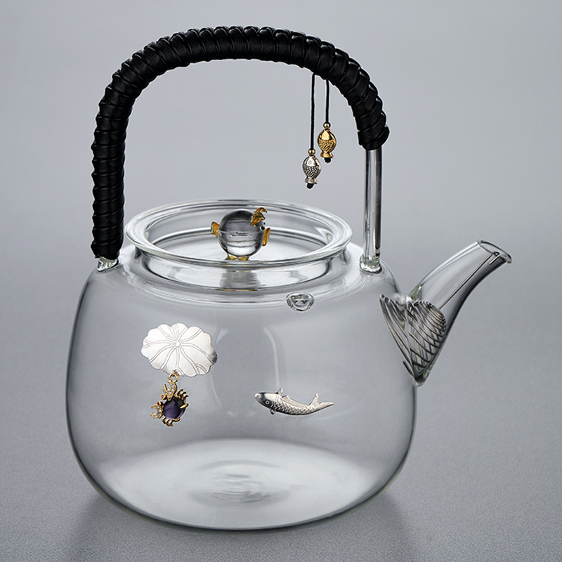 Silver-Plated Glass Teapot Set with High-Temperature Resistant Filter, Suitable for Electric Ceramic Stove, for Brewing Pu'Er Tea and Flower Tea