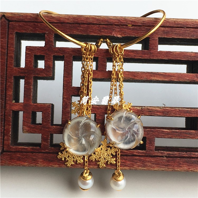 简安翡翠定制18K金镶冰种花朵翡翠耳饰耳钩小珍珠雪花设计送证书|ms