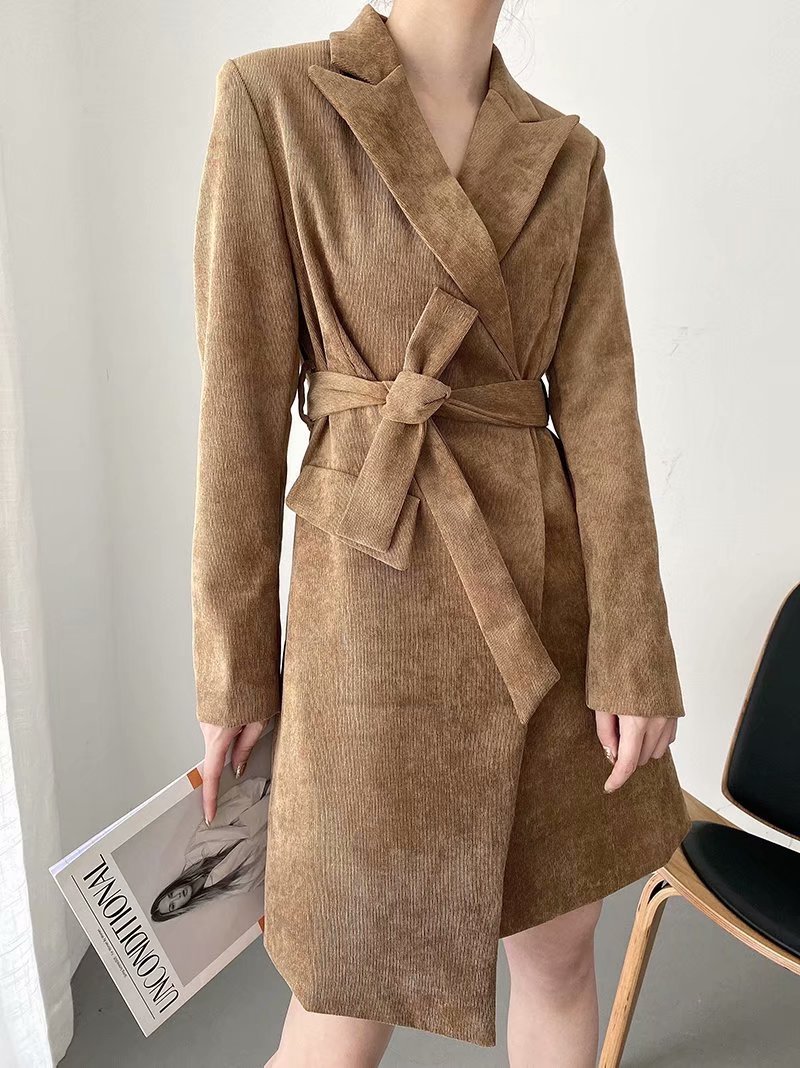 Wholesale autumn camel color lace-up trench coat mid-length lace-up slim suit jacket  NSAM3069