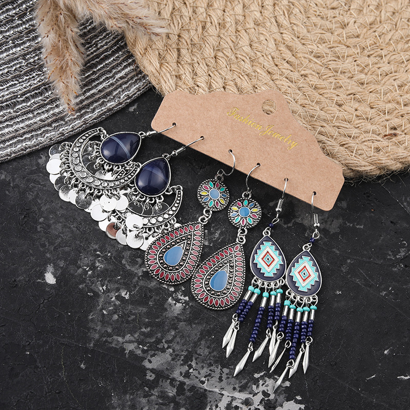 Retro Multi Pair One Card Earrings, European And American Geometric Metal Earrings, Tassel Earrings Set, 3 pieces, Wholesale To Europe And America