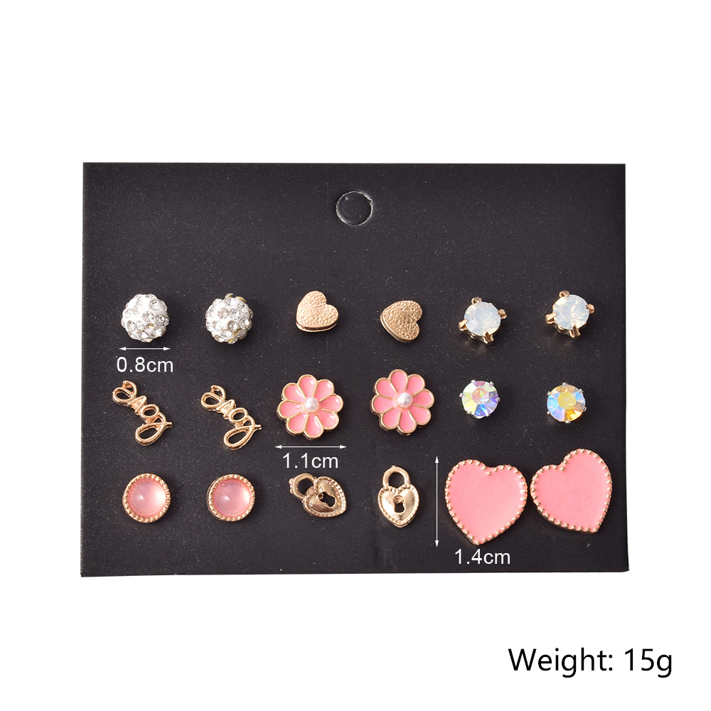 Alloy Pink Peach Heart Diamond 9 Pairs Set Earrings display picture 1