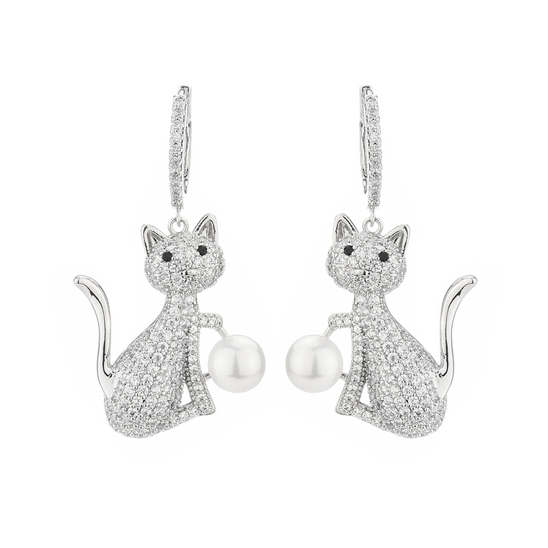 Européen Et Américain De Mode Célébrité Internet Même Type Mignon Chat Boucles D'oreilles Perle Boucles D'oreilles Usine En Gros Micro Incrusté De Zircon Goutte Boucle D'oreille display picture 7