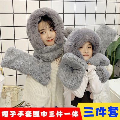帽子围巾手套三件套一体韩版儿童围脖皮草兔子耳朵亲子套装秋冬款|ru