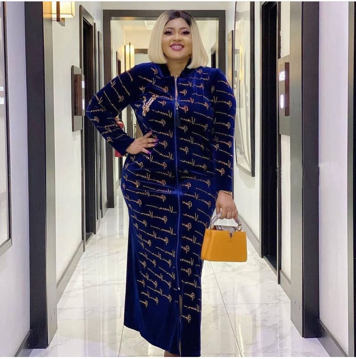 2021新款 非洲大码女装 金丝绒数字印花拉链通勤长款连衣裙现货