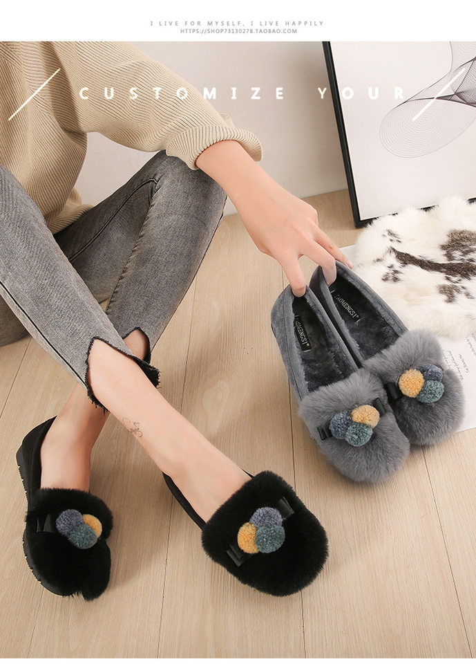 Giày lười nữ mũi tròn lót lông thỏ đế dày giữ ấm — Màu xám, Màu đen chi tiết 5