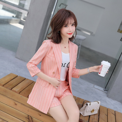 2020春季条纹七分袖韩版小西装网红休闲外套女职业OL西服两件套装|ru