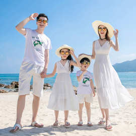 白色仙女沙滩裙 一家三口亲子装 V领无袖连衣裙母女装长裙