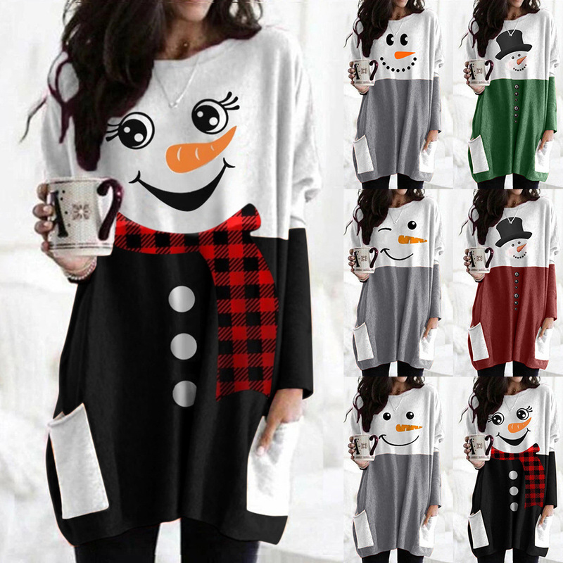 Amazon 2022 Autumn/Winter Independent Station Christmas Snowman Print Long Sleeve Dress in Stock, Slimming and Loose Fit