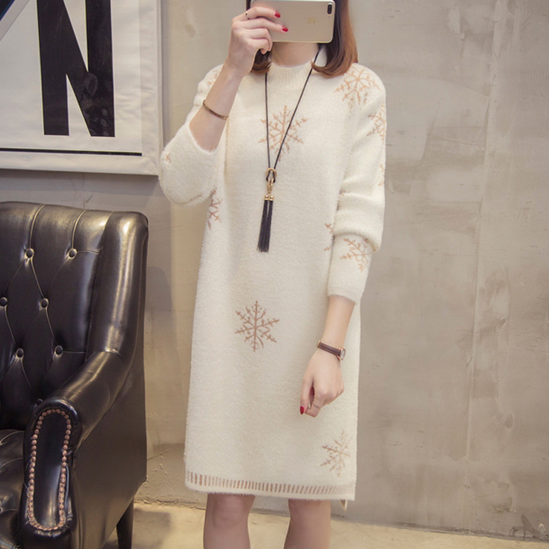 针织连衣裙女韩版2020新款加厚宽松套头长袖秋冬仿水貂绒毛衣长款