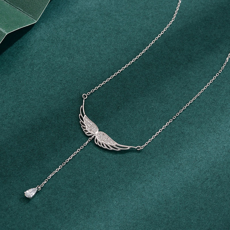 Korean version of Silver Angel Wings necklace, fashionable and exquisite tassel sparkling micro set zirconium pendant_voghion.com