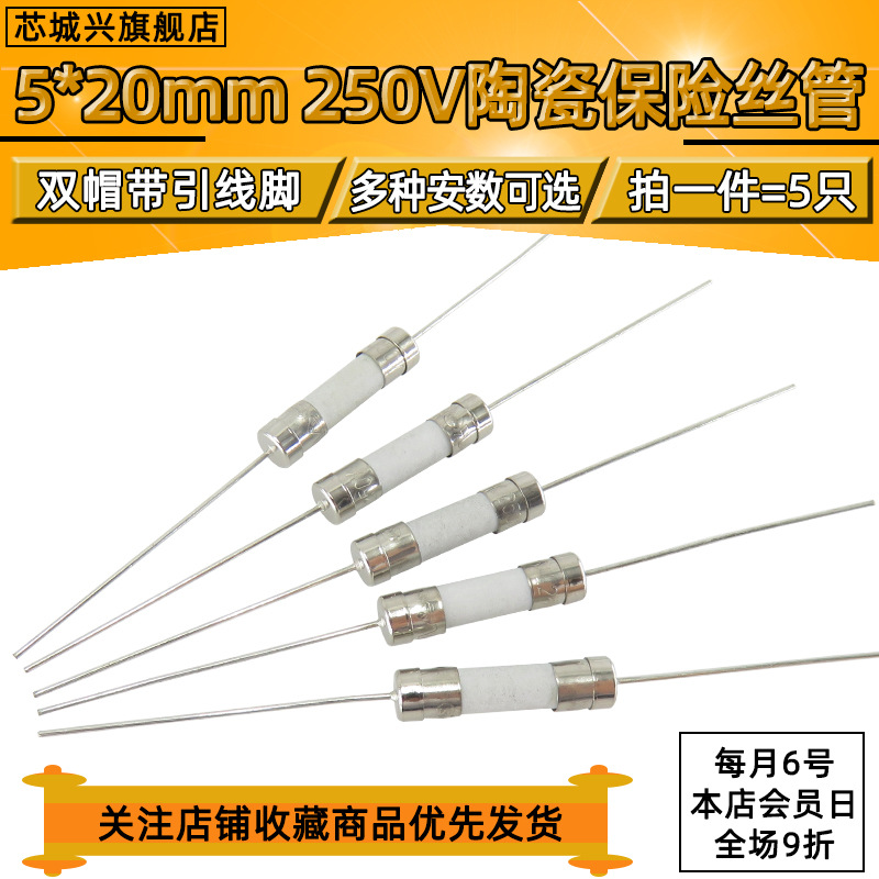 5只 5X20mm陶瓷带引线F1A/2/3/5/8/10/15/20/30A带引脚保险管250V