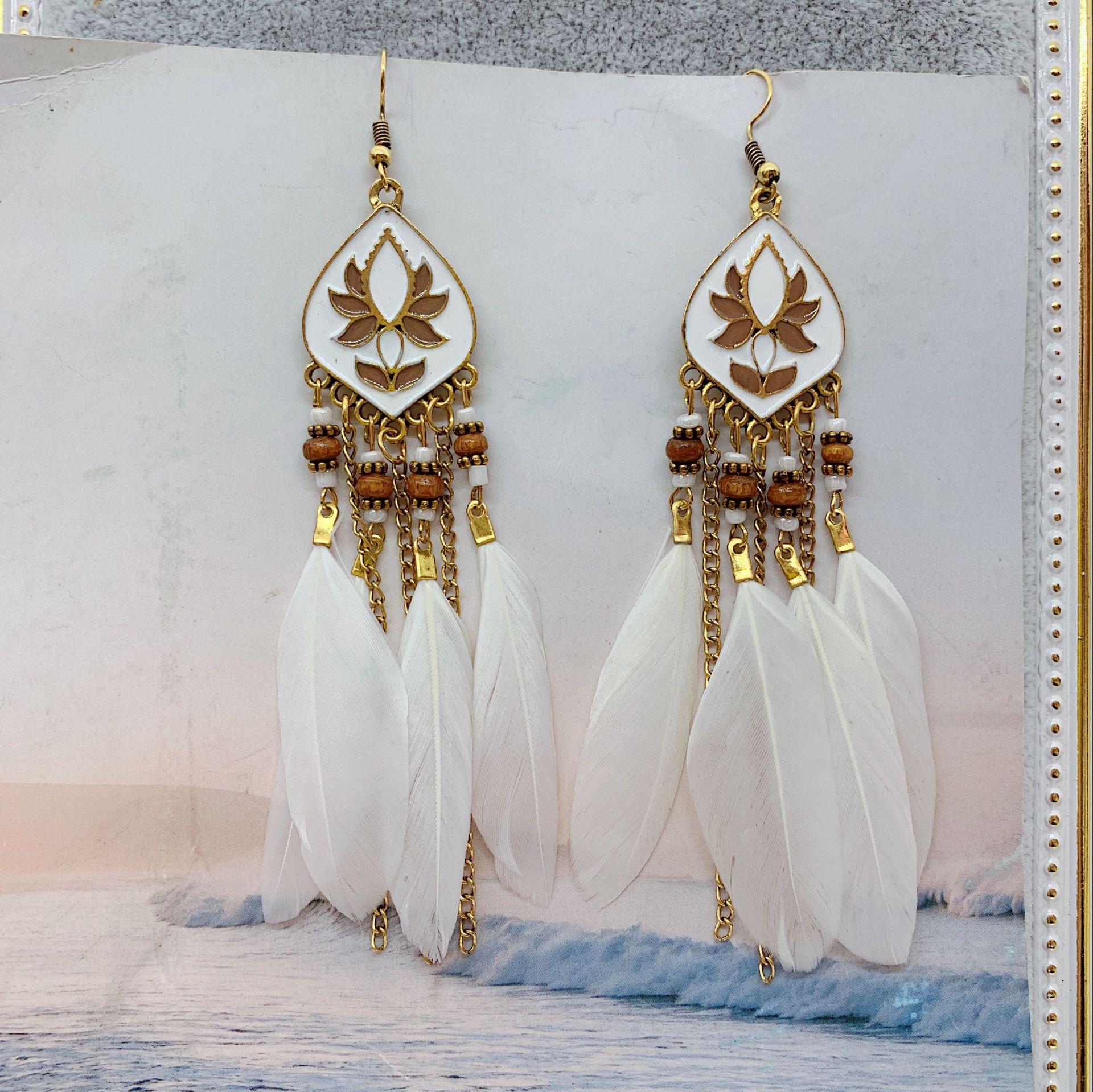 Alloy Material Bohemian Tassel Rhombus Alloy Feather Plating Women's Drop Earrings