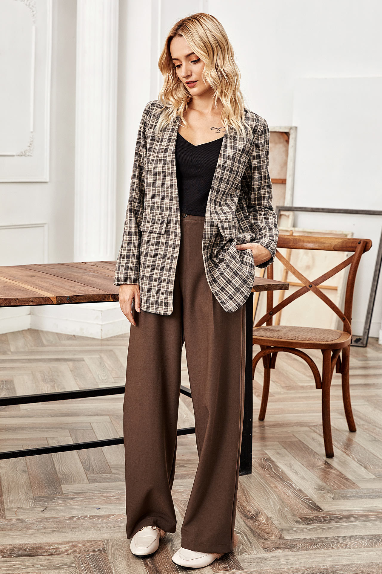 temperament plaid long suit jacket  NSLM28997