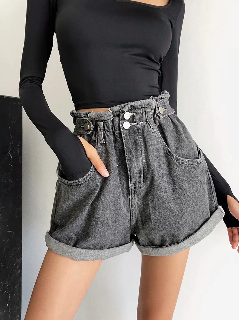 High Waist Elastic Denim Shorts NSAC14445