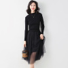 Temperament fake two piece knitted dress medium length sweater stitching mesh skirt