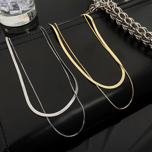 Simple double layer stacked necklace for women ins trendy personality hip hop European and American snake bone chain temperament internet celebrity short clavicle chain