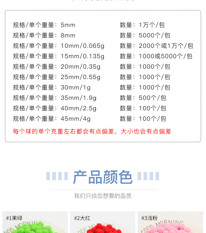 现货供应彩色高弹毛球 diy涤纶毛绒球儿童玩具配件鞋帽混色毛球详情10