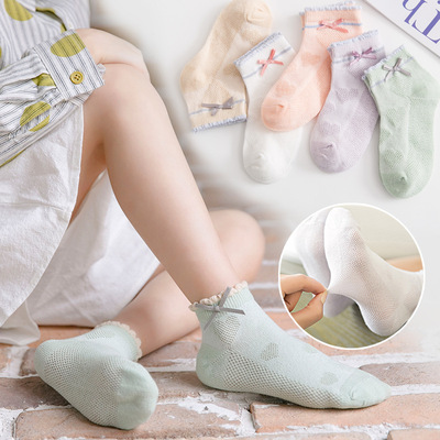 儿童袜子春秋新款网眼薄款船袜夏季女童蝴蝶结精梳棉宝宝袜子批发