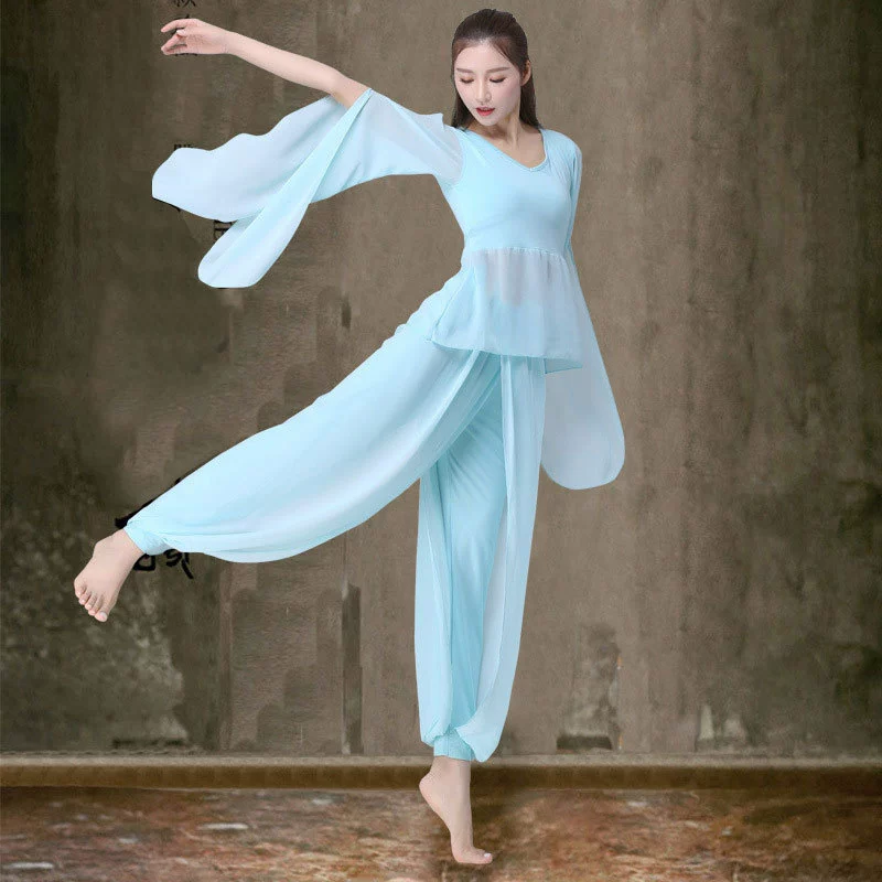 Танцевальная рифма Белый костюм для йоги Женская новая шифоновая пряжа Фея Элегантный модальный хлопок 2018 Групповое выступление за столом