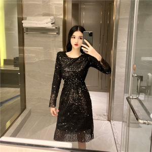 Sequined U-neck high waist A-line dress performance small dress bottomed skirt long sleeve dress