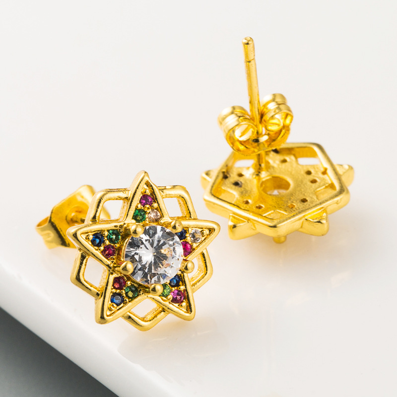 New Original Design Geometric Five-pointed Star Earrings Brass Micro-set Color Zircon Earrings  Wholesale Nihaojewelry display picture 5