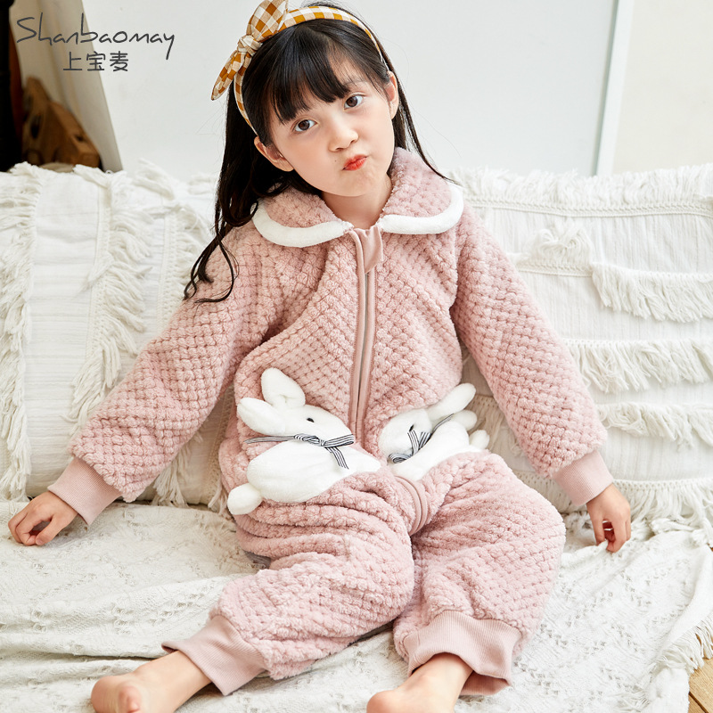 어퍼 바오 마이 가을과 겨울 어린이 슬리퍼 플란넬 두꺼운 따뜻한 의 잠옷 안티 킥 벨리 보호 홈 옷
