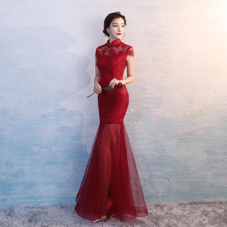 Wine red lace qipao Chinese dresses retro cheongsam bride dress to marry Chinese wedding dress female long Chinese wedding party evening dresses