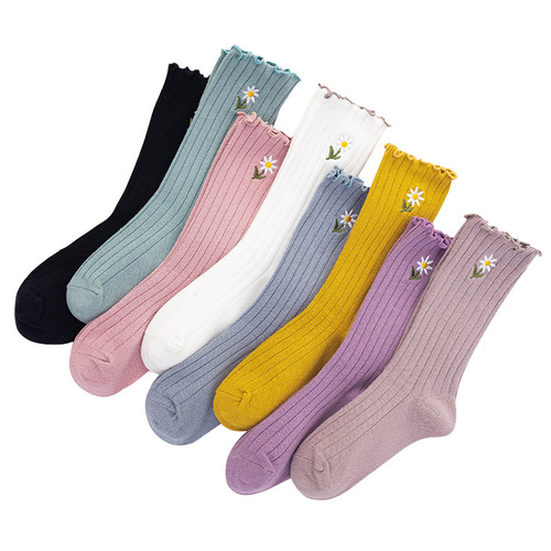 Japanese solid color black ears with small chrysanthemum embroidered mid-tube socks for women double needles piled socks