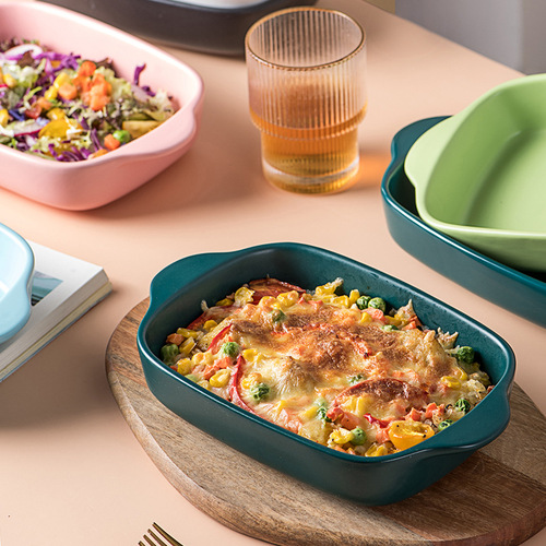 Macaron color ceramic double-eared microwave oven baking pan, cheese baked rice plate, home restaurant fruit plate, steak pasta plate