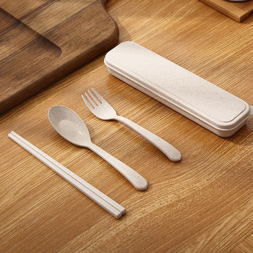 Wheat straw tableware chopsticks fork spoon three-piece set elementary school students cute chopstick box long handle spoon fork