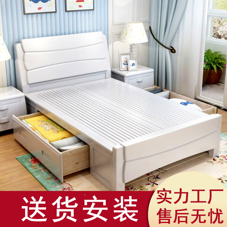 New Chinese solid wood bed 1.2m single bed white 1.35 modern minimalist child storage high box drawer