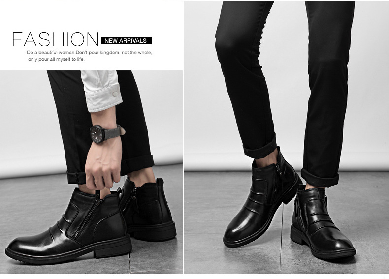 Mittelhohe Lederschuhe, lässige kurze Stiefel, Lederstiefel mit seitlichem Reißverschluss, warme Schneestiefel_voghion.com