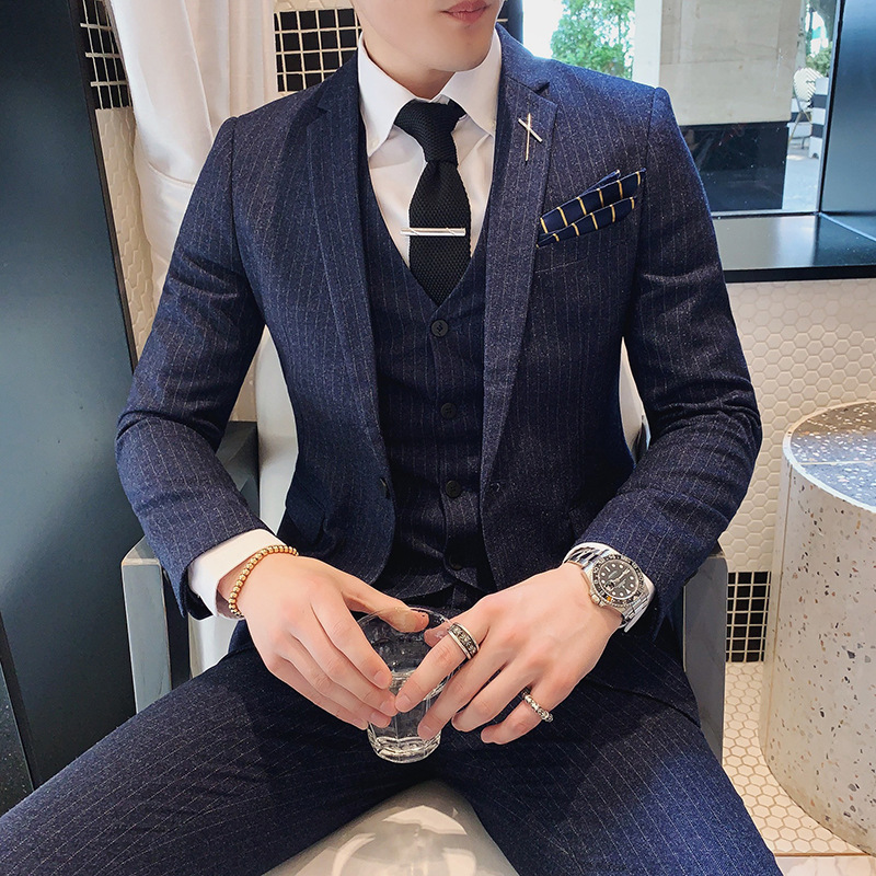 New men's striped suit business slim one button suit three piece bridegroom and best man wedding dress