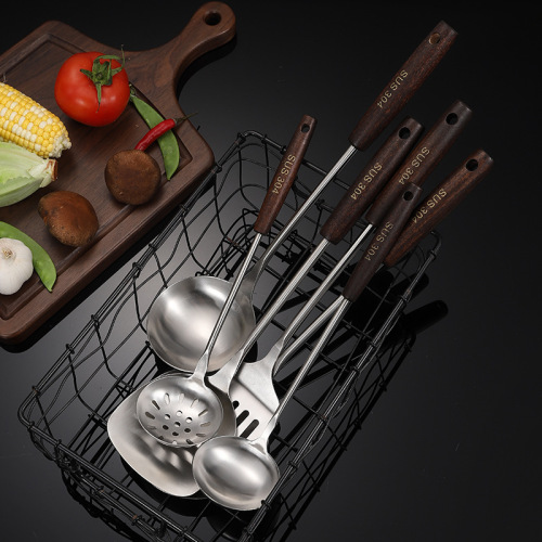 Platinum Duobao 304 stainless steel kitchen utensils retro wooden handle spatula frying spatula soup spoon colander spatula soup shell kitchen supplies