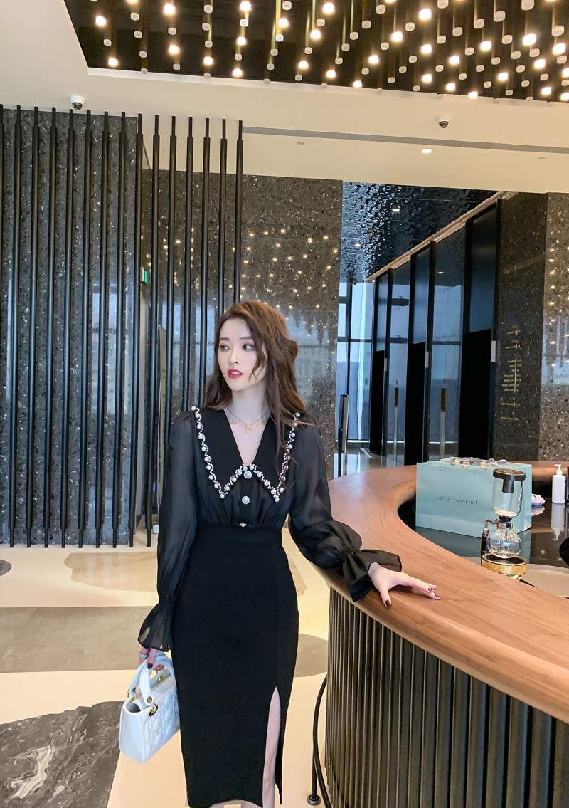 Đầm liền dài tay cổ búp bê xẻ tà ôm eo kiểu Pháp — Màu đen chi tiết 11