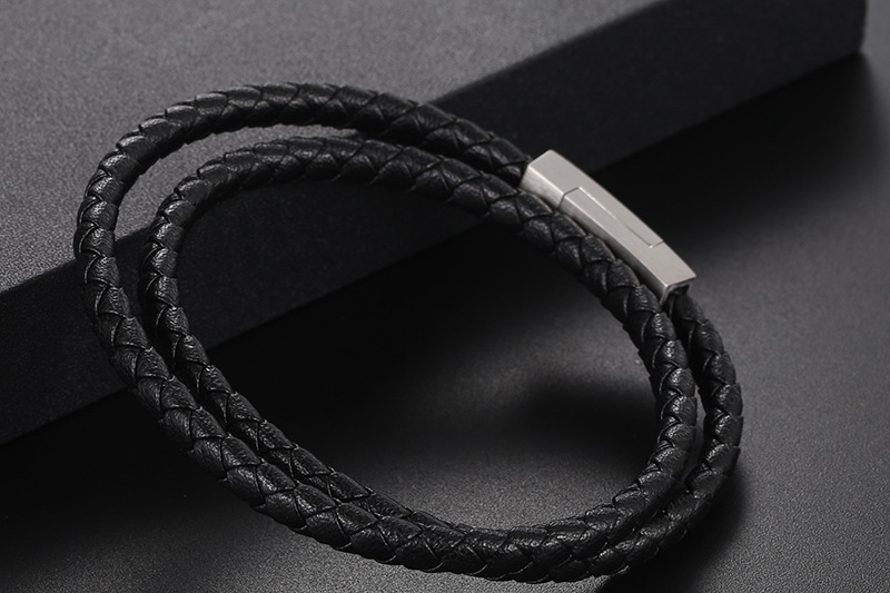 titanium steel buckle leather woven doublelayer leather rope retro hand rope braceletpicture5