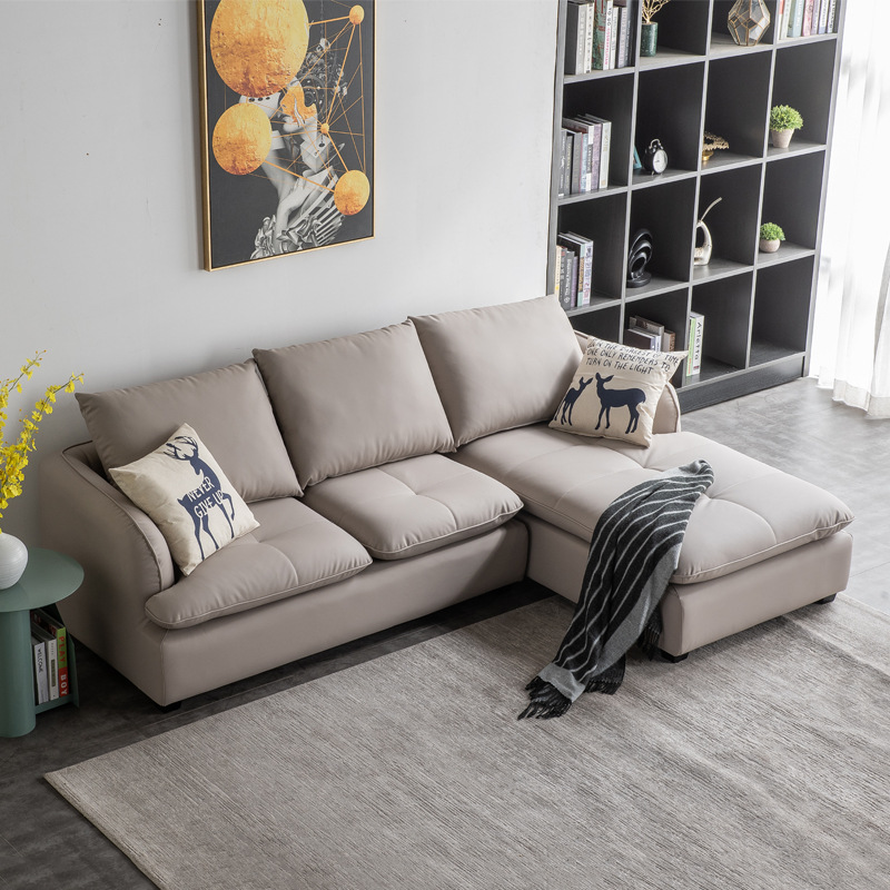 Cama doble para dormitorio principal con tapicería de cuero suave, combinación de esquina para apartamentos pequeños, superficie de contacto de cuero, sofá combinado en forma de L.