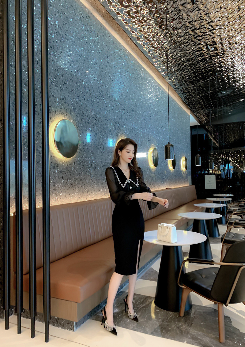 Đầm liền dài tay cổ búp bê xẻ tà ôm eo kiểu Pháp — Màu đen chi tiết 13