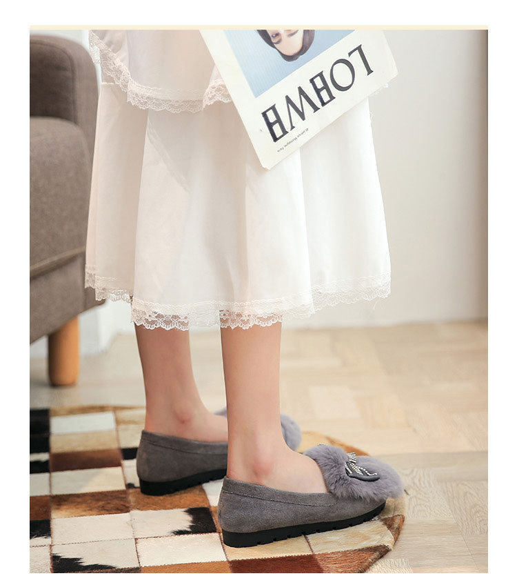 Giày lười nữ đế bệt lông thỏ trang trí nơ, giữ ấm — Màu xám, Màu đen chi tiết 15