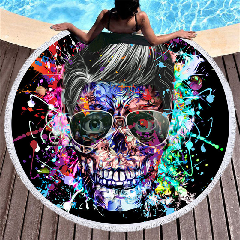 Bohemian Ethnic Style Color Skull Feather Microfiber Round Beach Towel Bath Towel Adult with Tassel