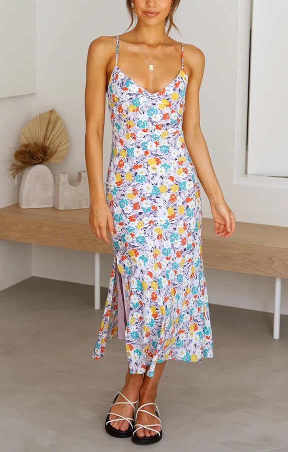 floral print low-cut backless slit sling long dress （multicolor） NSCXY121994